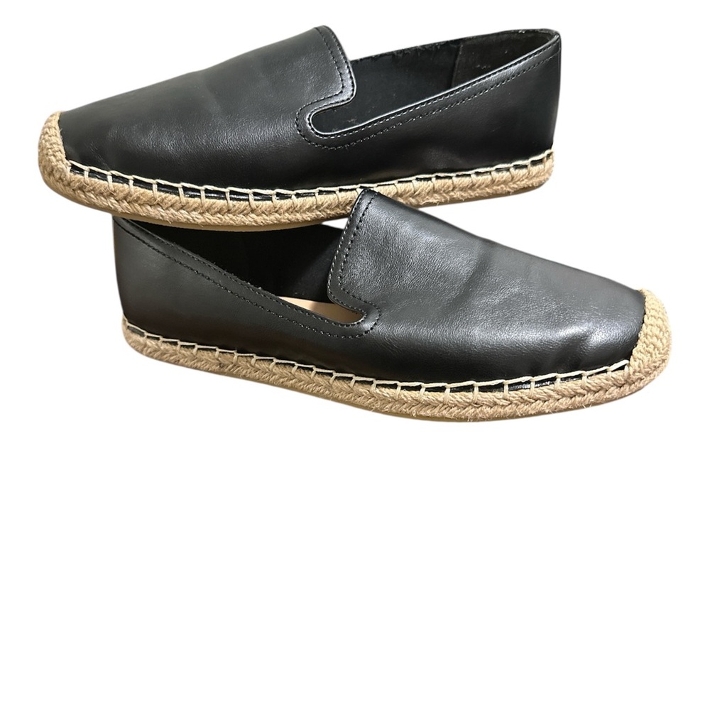 NEW Black Leather flat Espadrille With Jute Toe Cap. Size 6 1/2